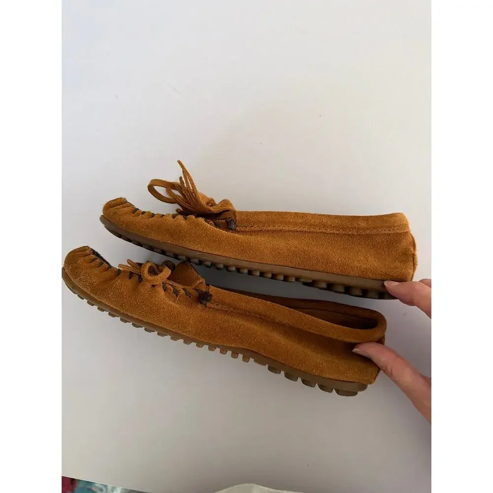 Minnetonka Kilty Moccasins Brown Suede Fringe Loafers Boho Southwestern 8.5